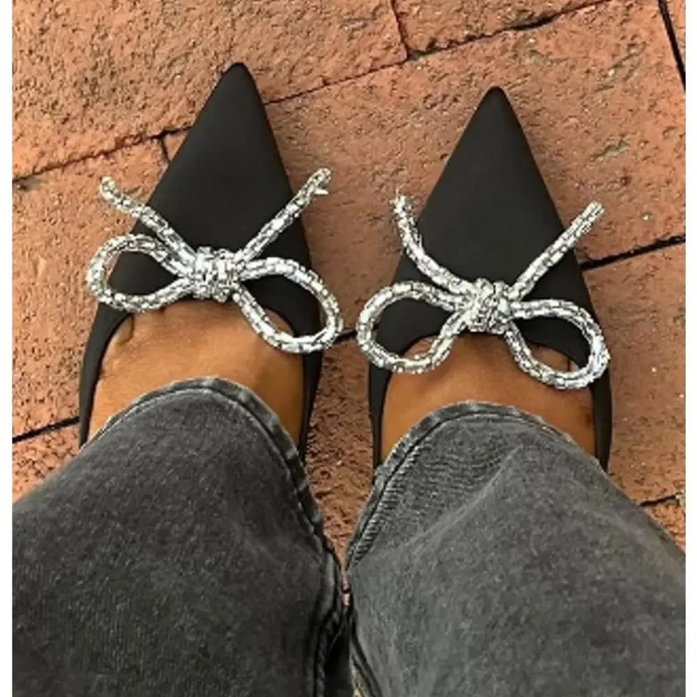 ZARA Rhinestone Bow Pointed Toe Ballet Flats NWT Black Size 7.5